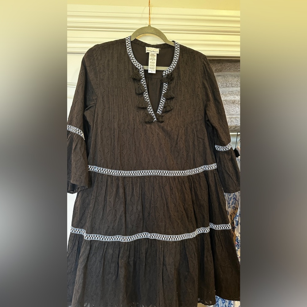 Tommy Bahama small petite black ruffle dress with white accents & V neck.